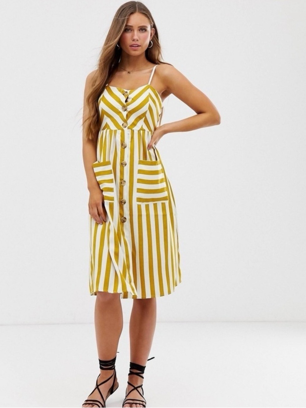 Mustard Yellow & White Striped Button-Front Sundress with Pockets